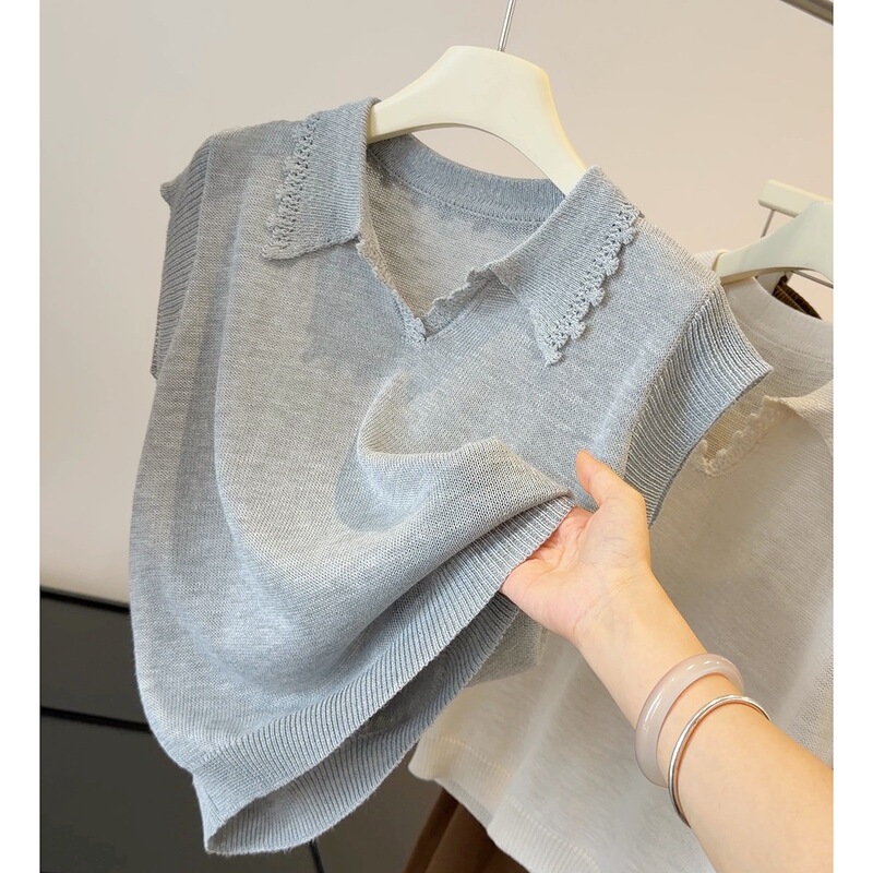 Lace Collar Knit Sweater for Women, Summer 2026 New Korean Fashion Style, Lace Polo Collar, Elegant Flutter Sleeve Top