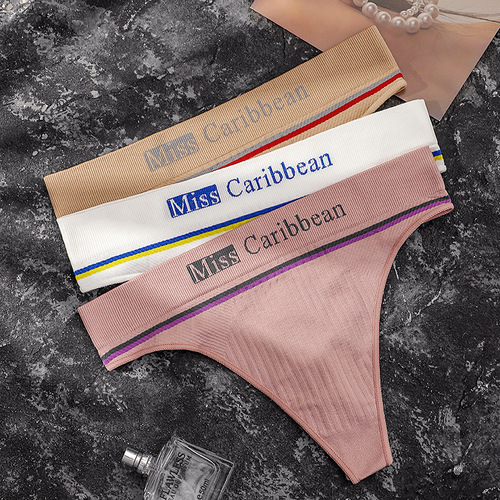 Women's sexy sports fitness letter striped threaded seamless mid-high waist seamless briefs thong underwear