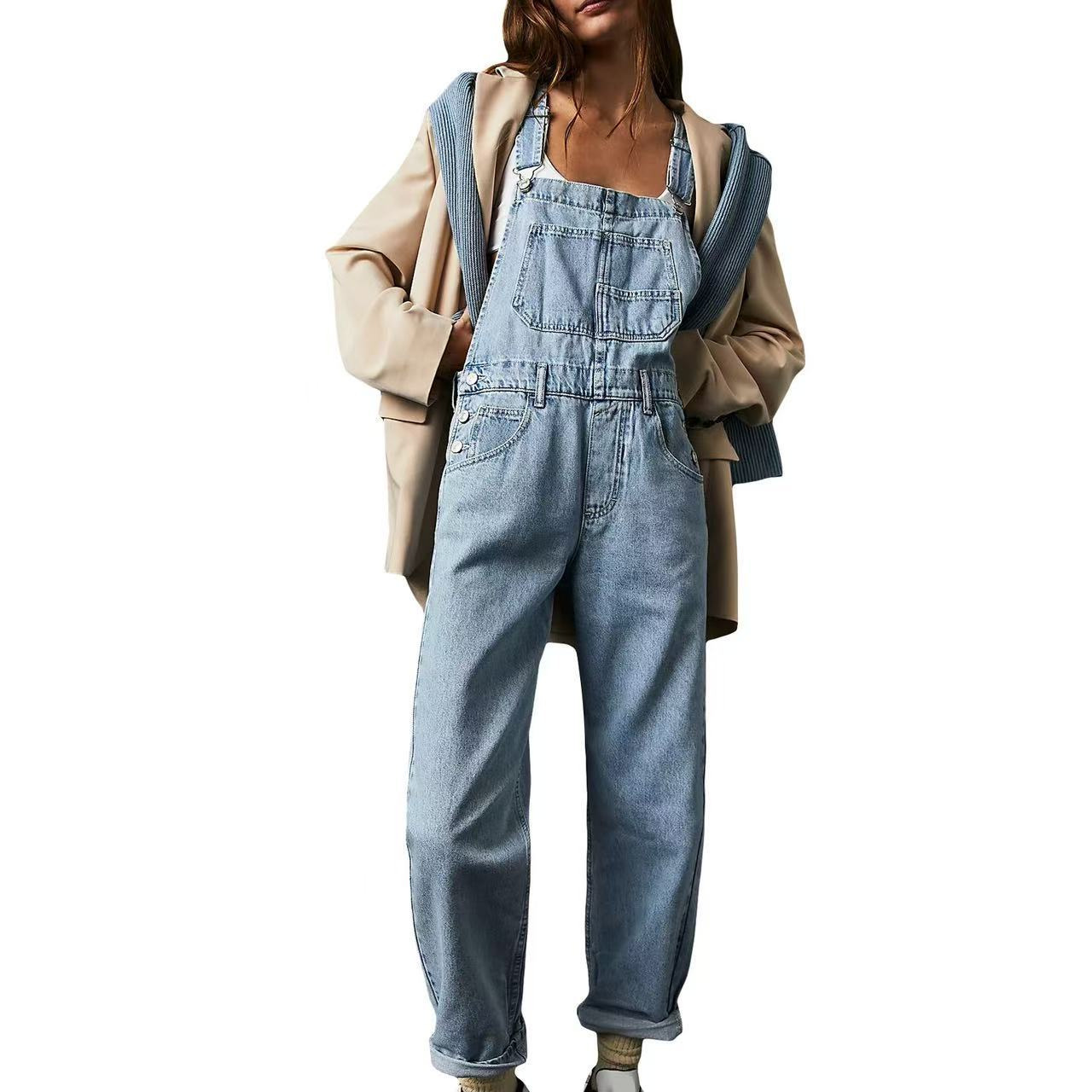 Women's Clothing Casual Denim Overalls – Effortless Americana Style Loose Fit Washed Jeans Jumpsuit_mkmklike.com
