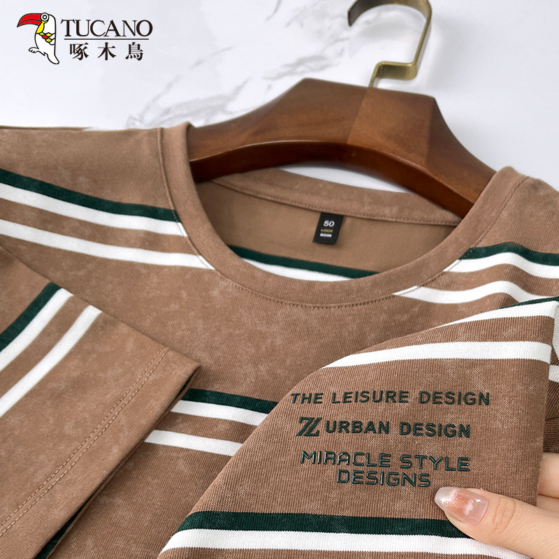 啄木鸟男装新款夏季色织条纹沙洗风格索罗纳罗纹领圆领T恤男条纹t