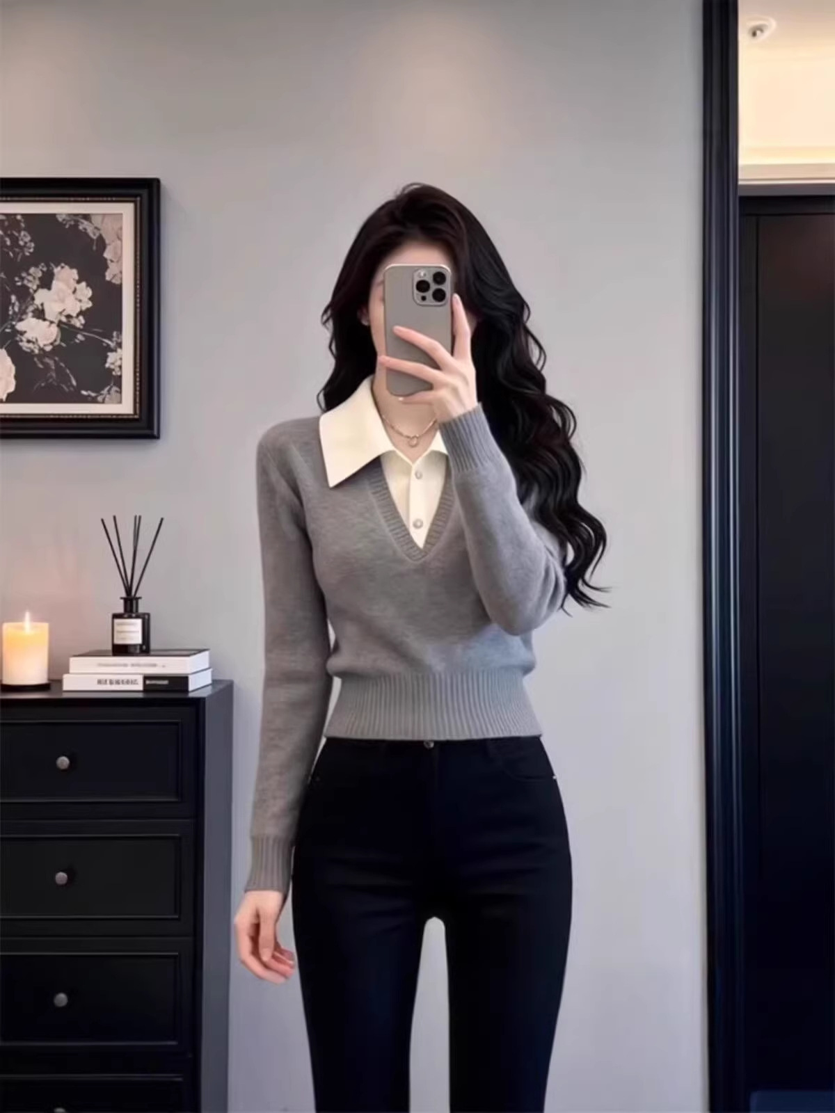 Áo len nữ cổ lật tay dài phong cách khí chất — màu xám đậm