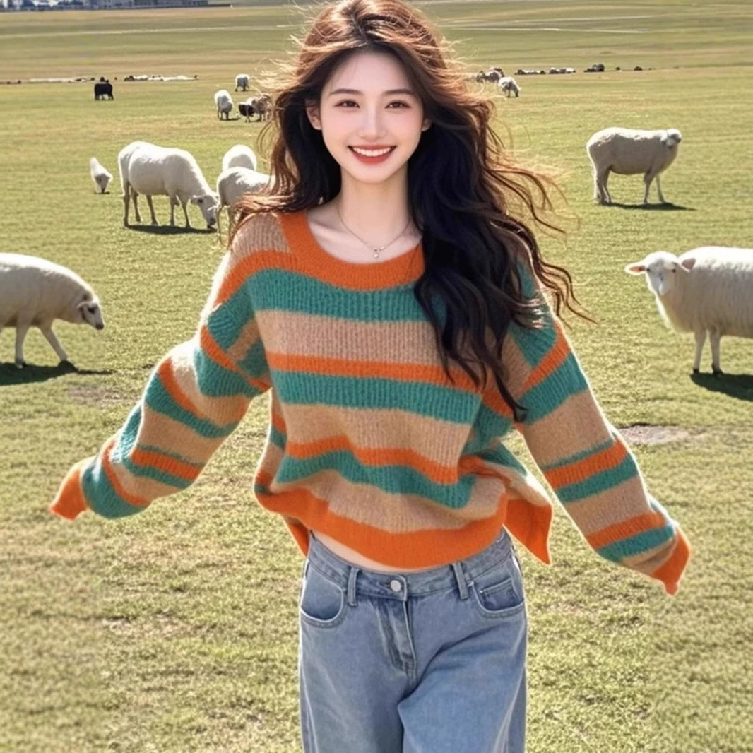 Женский свитер-пуловер в полоску, свободный крой, в стиле casual, осенне-зимняя коллекция Hongtai, Корея и Япония.