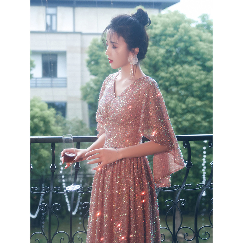 Vestido de noche para anfitriona de banquete 2026, largo, elegante, con lentejuelas, para fiesta o reunión anual, para mujer, con cuello en V profundo y efecto adelgazante. image 1