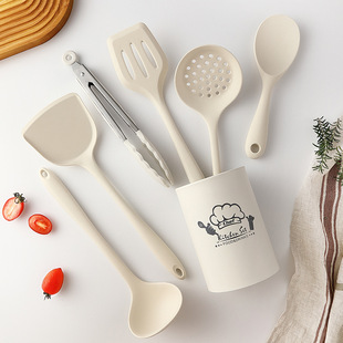 Nordic Style Creamy White Silicone Kitchenware suit High Temperature Resistant Non-stick Pan Scutcheon Silicone Spoon Colander Household Cooking