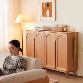 日式实木鞋柜樱桃木 简约收纳置物柜玄关柜北欧家用复古门厅鞋架