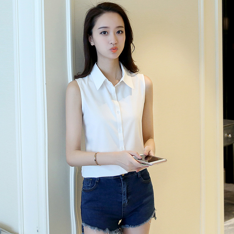 Sleeveless Slim-fit White Shirt Women's Spring and Summer New Multi-function Fake Collar Lapel Simple OL All-match Base Shirt