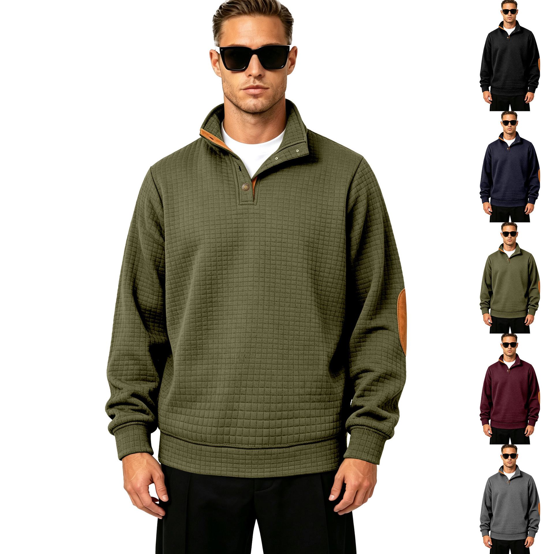 Cross-border European and American Amazon men's new autumn and winter casual fashion versatile small checkered stand-up collar long-sleeve pullover sweatshirt