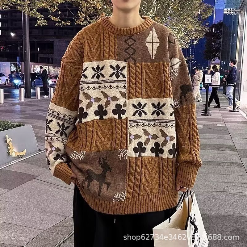 国潮美式圆领毛衣男奶茶款2024秋冬季慵懒风宽松针织衫上衣女保暖|undefined