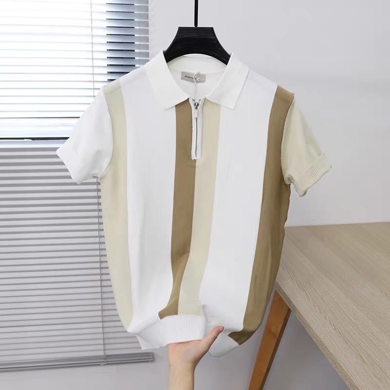 Polo camiseta camiseta de punto camiseta de manga corta camiseta de hombre a rayas solapa medio cremallera vieja fábrica de hielo de verano transfronteriza mayorista