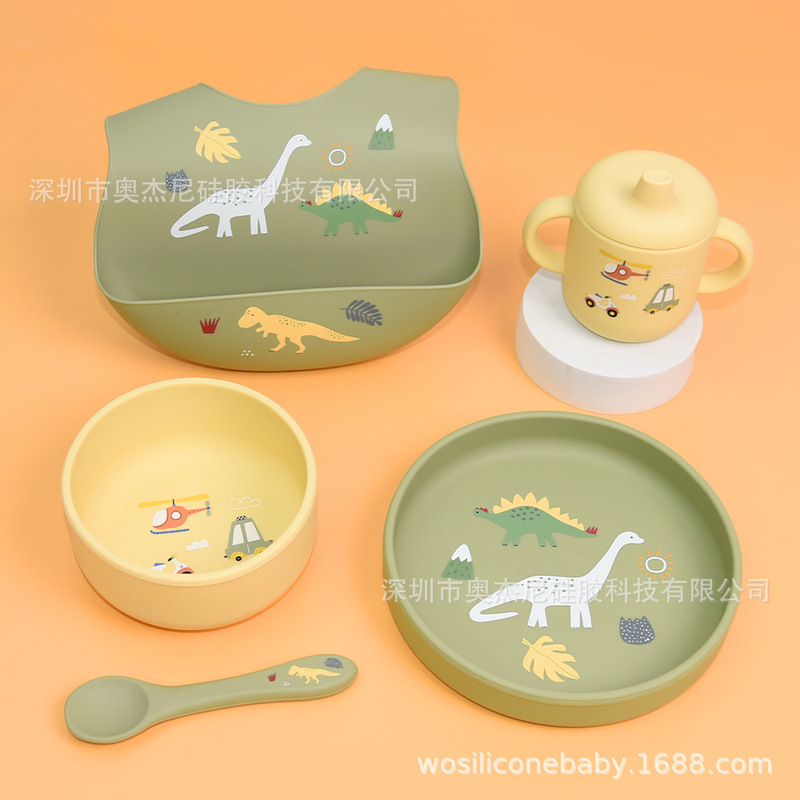 スポット卸売食品グレード食器プリントボウル、プレート、スプーン、ウォーターカップ、よだれかけ5点セット子供用シリコン食器セット|undefined