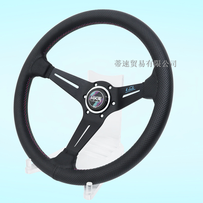 Cross-Border Best-Selling Hks Classic Quick-Release Steering Wheel, Large Concave 14-Inch 350mm Three-Color Stitching Genuine Leather Racing Steering Wheel