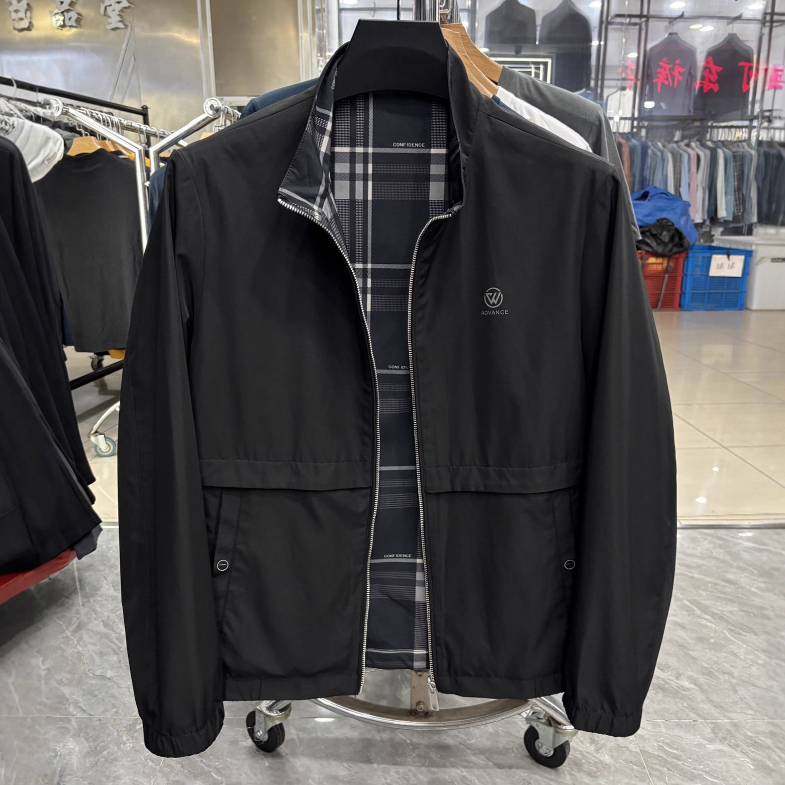 海柜货 双面穿 A面条格 帅气 早秋穿立领休闲单夹克男外套