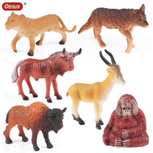 Simulated wildlife model set, mini African wolf, wildebeest, orangutan, bison, lion, oryx antelope toy
