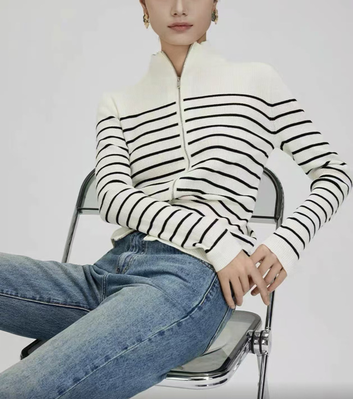 100% Wool Ribbed Stand Collar Zipper Striped Sweater Cardigan 67.5kg Unique Item