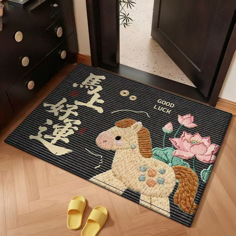 新年门垫红色喜庆水晶绒地垫马年入户门地垫进门玄关蹭土除尘脚垫