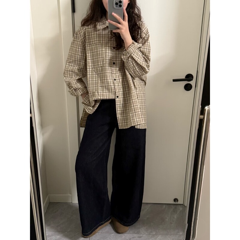 Korean-style simple and versatile plaid long-sleeve shirt with slit for women, autumn casual loose-fitting slim-fit collared top