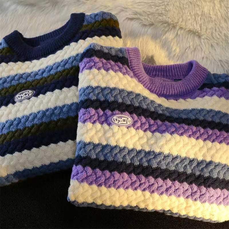 Herrenbekleidung neuer Pullover mit Regenbogen-Twist und Streifen, für Herren, Herbst und Winter, Retro, dicker Rundhalspullover mit langen Ärmeln_voghion.com