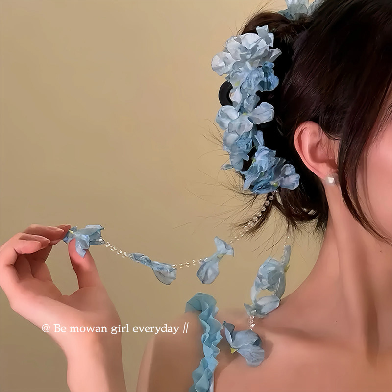 超仙唯美气质粉色蓝色蝴蝶花朵串珠流苏发夹女温柔氛围感抓夹发饰|undefined
