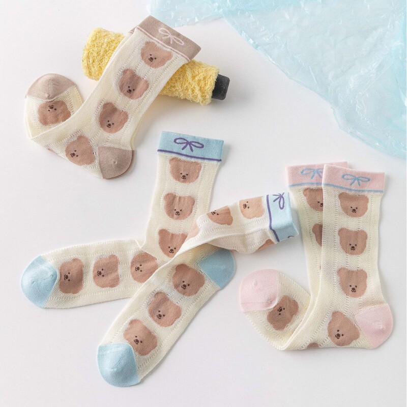Sweet Nana2026 Spring/Summer New Style Bear Pattern Mid-Calf Socks Cream Style Versatile Slouch Socks Breathable Student Socks