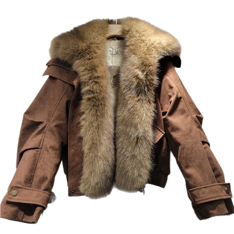 2025 invierno nuevo tipo de abrigo de terciopelo de gamuz grueso chaqueta de locomotora corta para mujeres pieles de piel una pieles de terciopelo para superar