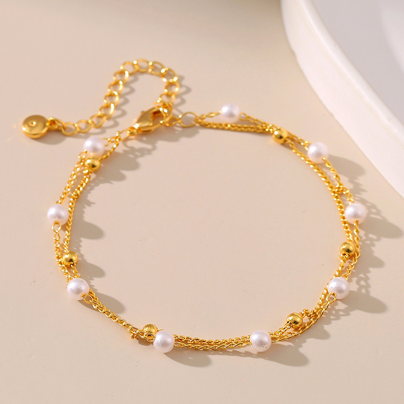 eBay supply brass plated 18K real gold chain multi-layer Lady bracelet ABS pearl bracelet handmade fashion