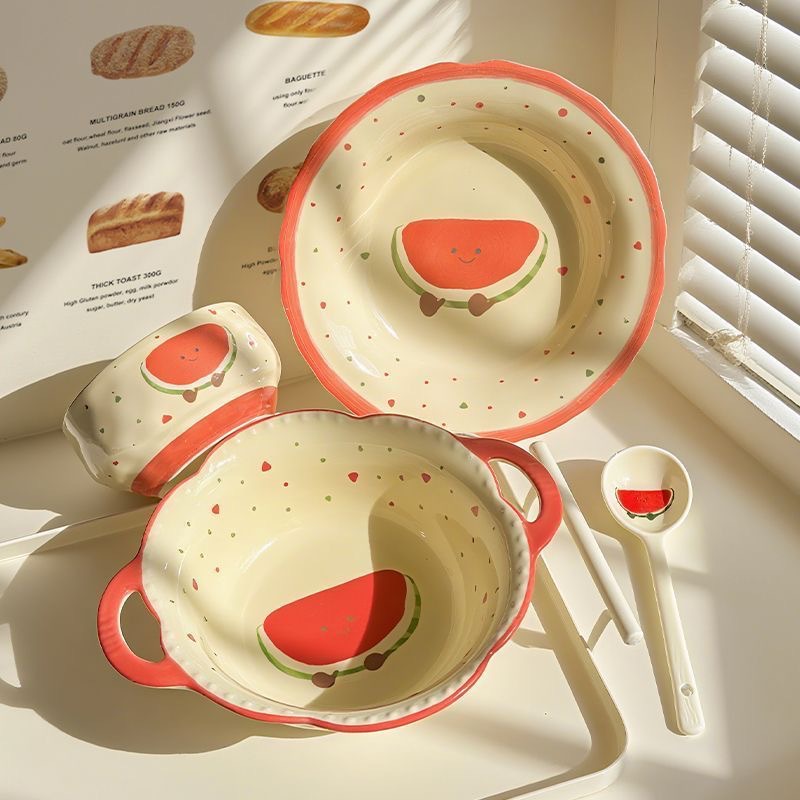 [Watermelon 5-piece set] Double-eared large soup bowl + bowl + plate + spoon + c…