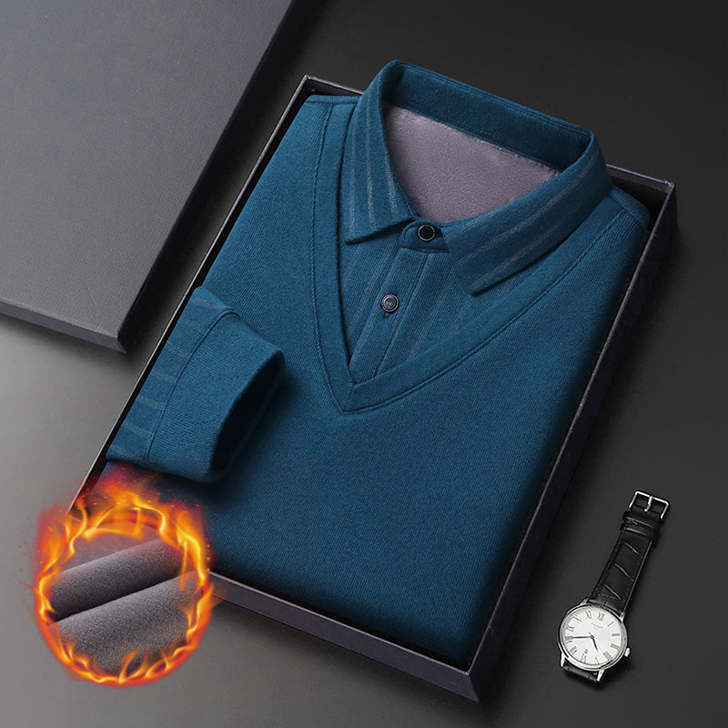 Fleece-forrado solapa casual de los hombres Top nuevo negocio versátil de los hombres de manga larga engrosada caliente camiseta de polo de los hombres