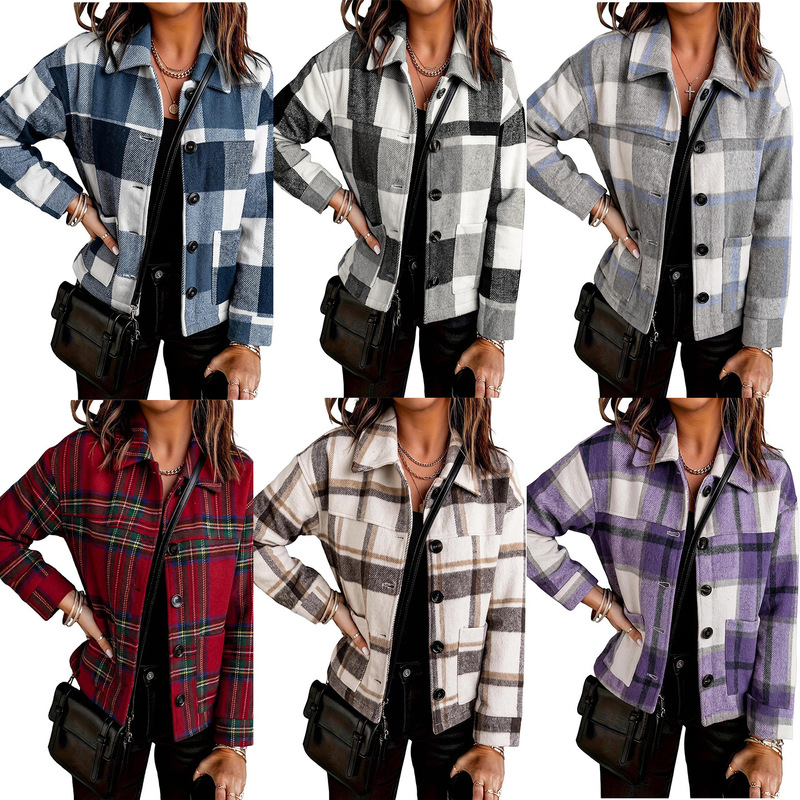 Amazon women's short flannel plaid shirt jacket, button-front, suitable for autumn wear