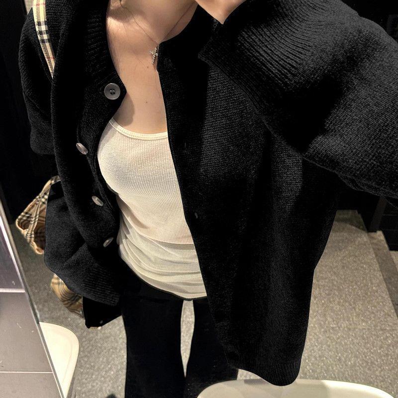 Black knitted cardigan for women, summer loose-fitting, casual and relaxed style, spring-summer sweater jacket top
