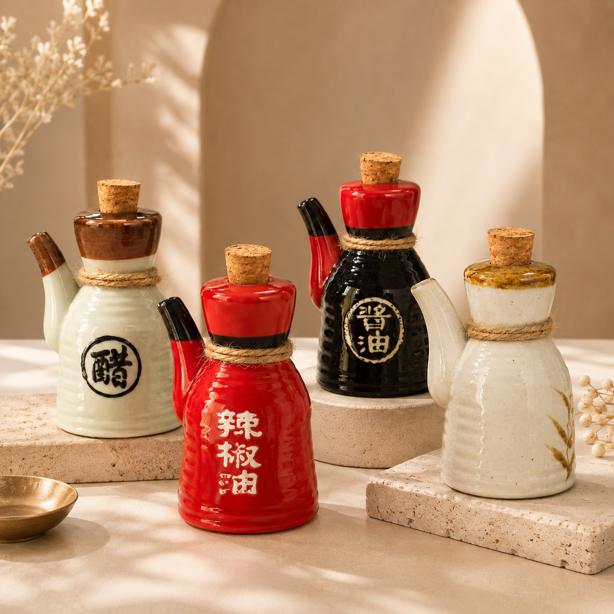 陶瓷调味壶套装 酱油醋瓶辣椒油壶 日式复古厨房调料罐 手工釉面