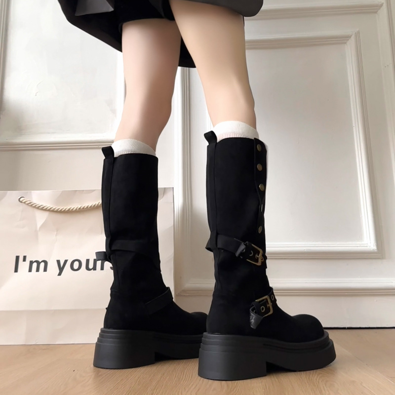 卡其色短靴女秋冬季瘦瘦马丁靴绒面两穿中筒靴粗跟厚底牛仔靴|undefined