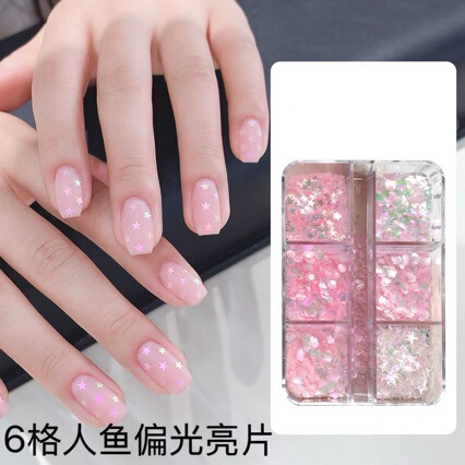 Cai She - [Mist Pink Starlight] Nude Pink Blush Gradient Pink-Green Star Long Ballet Nails for Girls - Finished Nail Tips