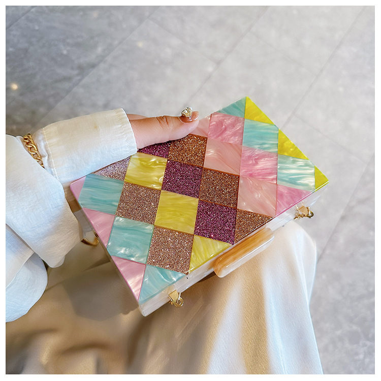 New cross-border foreign trade women's checkered acrylic bag, dinner bag, single-shoulder crossbody wedding and banquet clutch bag undefined