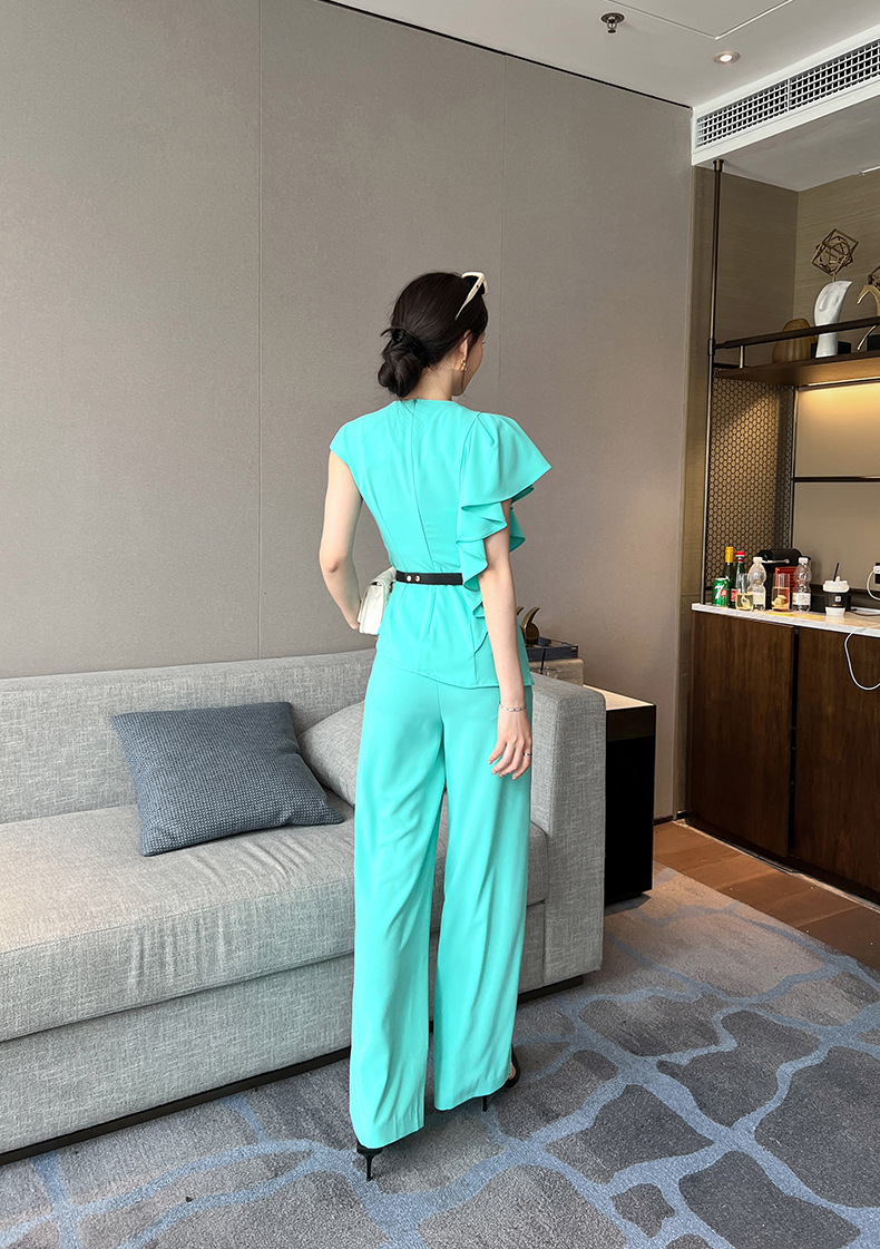 Bộ hai món áo ôm eo phối quần ống rộng cạp cao — Màu xanh nước hồ chi tiết 10