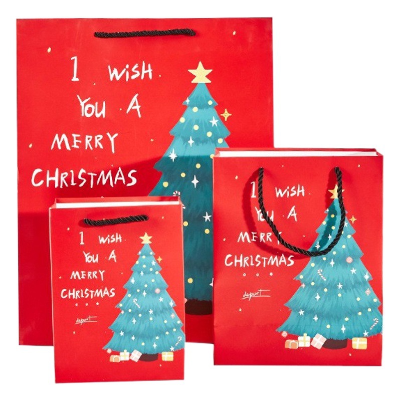 En stock bolsa de regalo de Navidad Nochebuena bolso de cartón blanco de alto sentido bolsa de regalo de dibujos animados directo de fábrica al por mayor