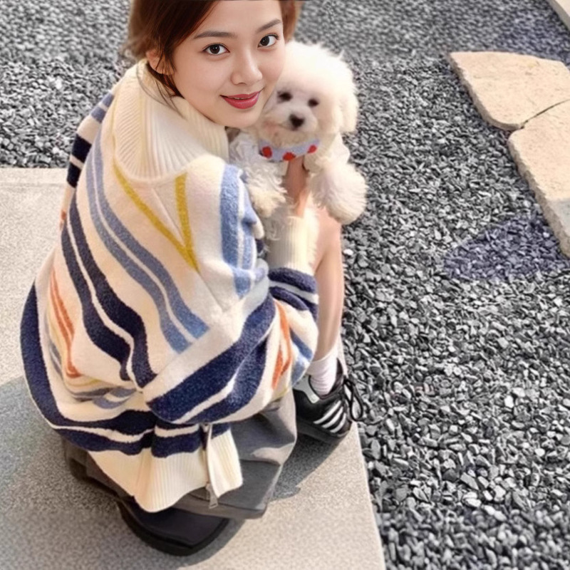 American-Style Stand-Up Collar Rainbow Striped Zip-Up Cardigan Sweater for Women, 2026 Autumn and Winter Vintage Knit Top, Casual Outerwear
