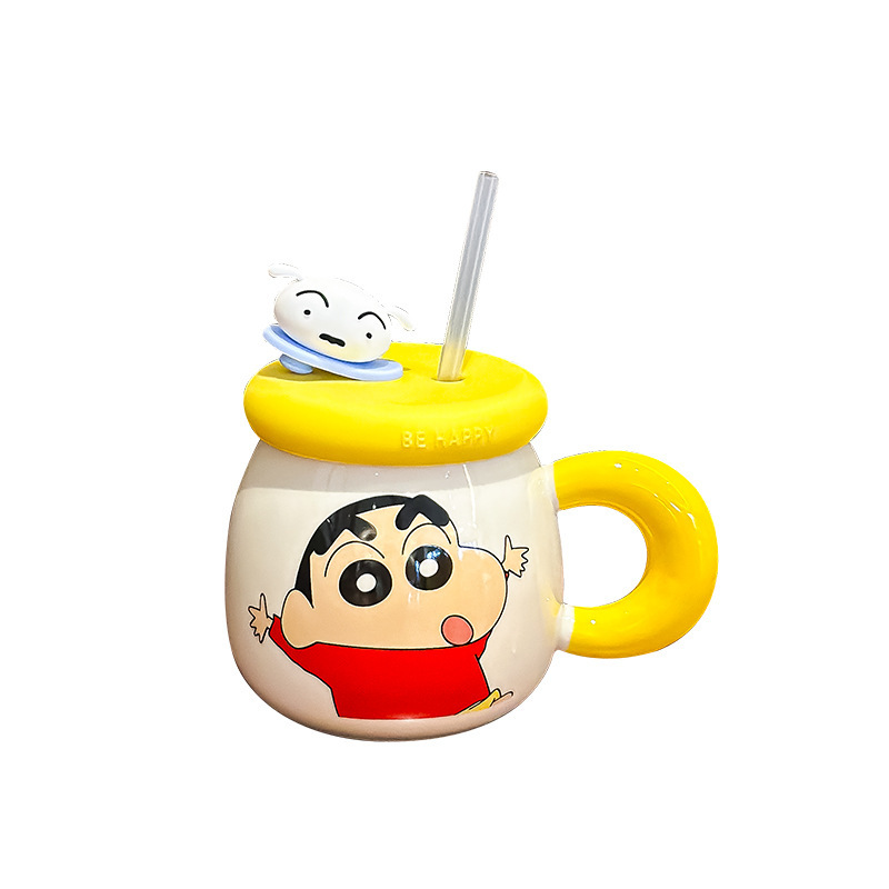 Taza Crayon Shin-chan Regalo de cumpleaños Desayuno Taza de pareja de leche para niñas Taza de cerámica práctica con tapa Regalo de mano