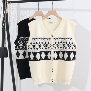 100kg Autumn Fashion Knitted Vest Plus Size Women's Clothing Fat Sister Easiest for Match Jacquard Waistcoat Cardigan Top 0299