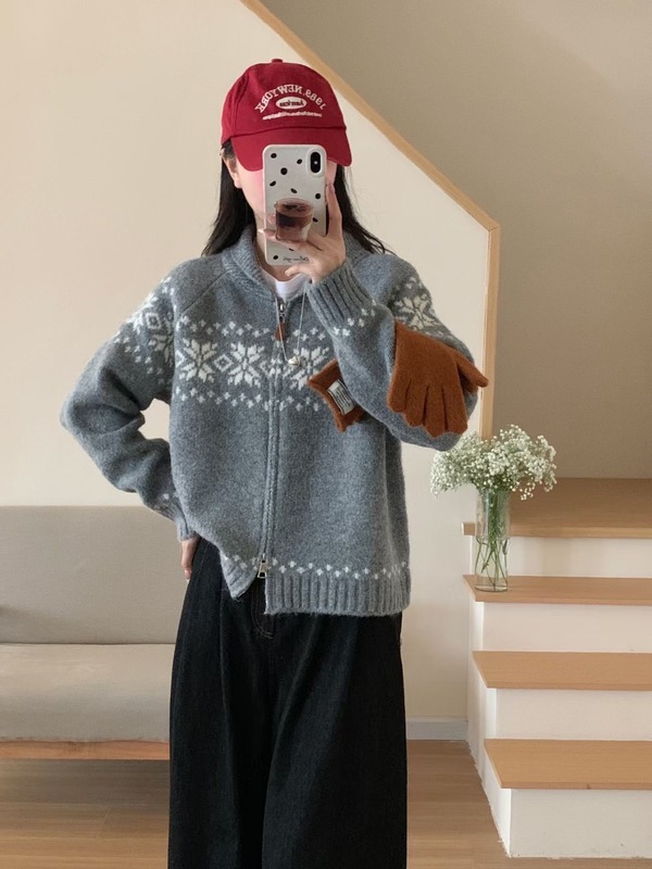 北欧复古费尔岛毛衣开衫外套女秋冬新款重工拉链宽松软糯针织衫潮|undefined