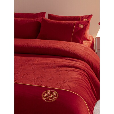 结婚床上用品四件套加厚秋冬季牛奶绒被套红色法兰绒床单婚庆喜被