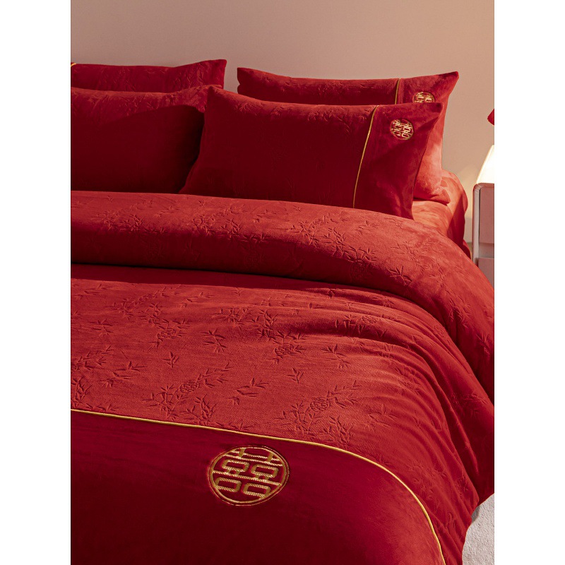 结婚床上用品四件套加厚秋冬季牛奶绒被套红色法兰绒床单婚庆喜被