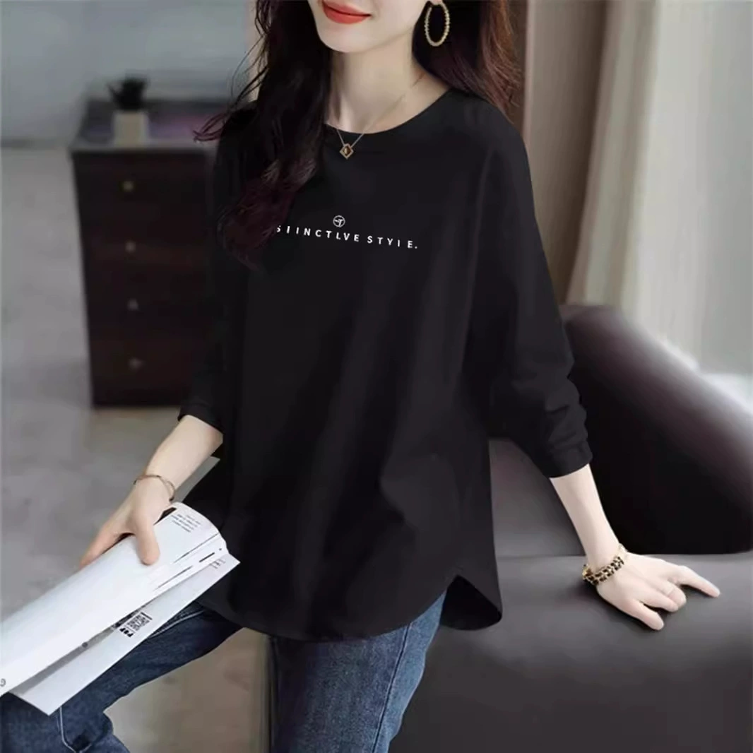 Европейская черная футболка с длинными рукавами женская весна и осень 2024 свободная средняя длинная модель