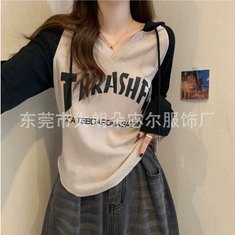 字母V领连帽针织衫女2023早秋插肩拼色休闲运动减龄长袖打底上衣