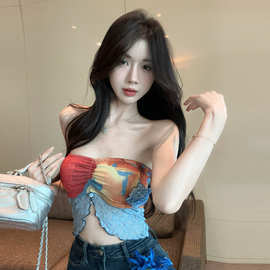 18YX2867欧美2026跨境外贸美式辣妹印花不规则百搭修身抹胸上衣女