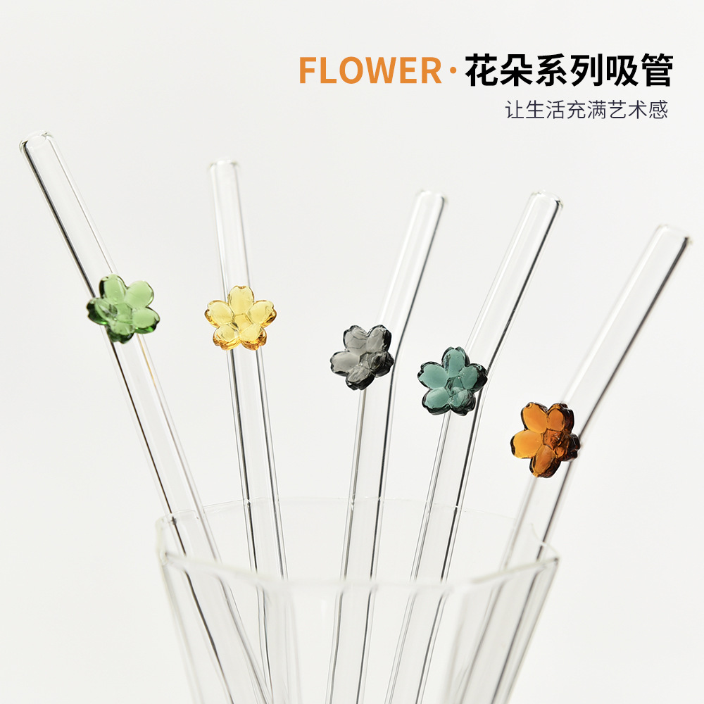 Pajita de vidrio de flores de color creativo jugo de leche resistente al frío y al calor pajita de flores pequeñas pajita no desechable