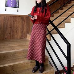 ハイウエストレトロ赤いチェック柄ウールスカート女性の秋冬の新しいスタイルニットカーディガンセーター2点セットトレンディ