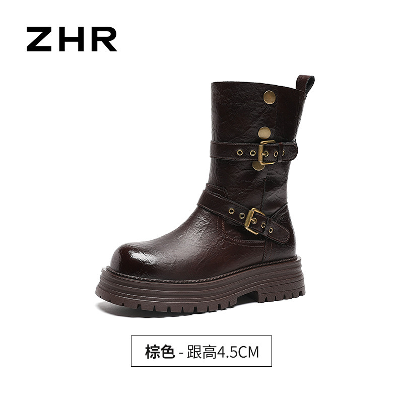 ZHR则则手抓纹金属扣厚底短靴2025秋冬新款增高酷飒百搭骑士靴女|undefined