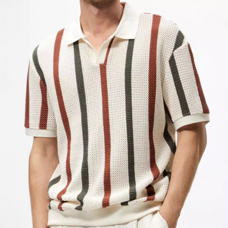 Color-Blocked Shirt Men's Knitted Polo Shirt Spring 2025 Breathable Cut Out Vertical Pattern Summer Lapel Short T-Shirt Dropshipping
