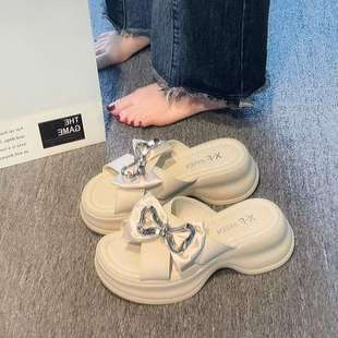 Tweed Style Slippers for Women to Wear Outside in Summer with Skirts, Fairy Style Bows, 2025 New Thick-Soled Sandals and Beach Shoes