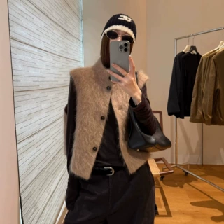 【软雾绒系】拉毛羊毛皮草马甲立领短款山羊绒无袖外套女秋季新款